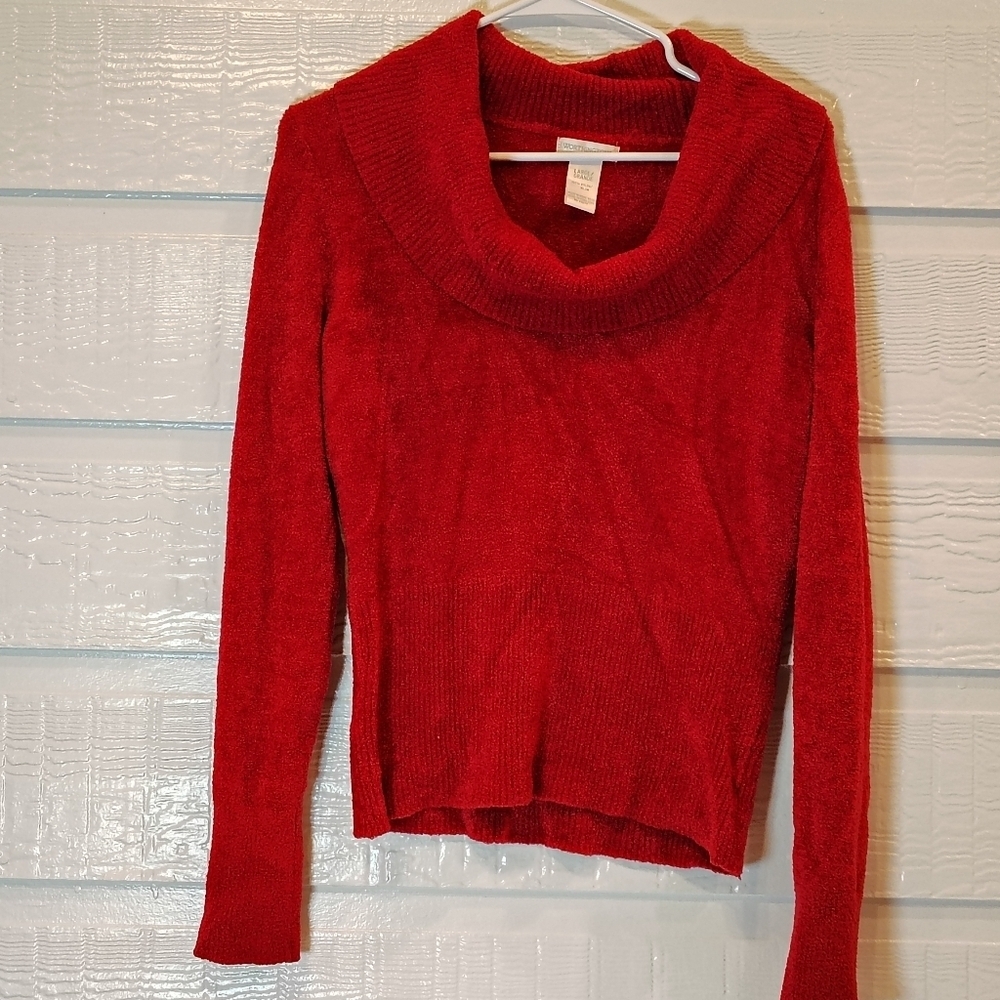 Worthington Sweater Women's Size L Solid Red Cowl Neck Fleece Long Sleeve COZY